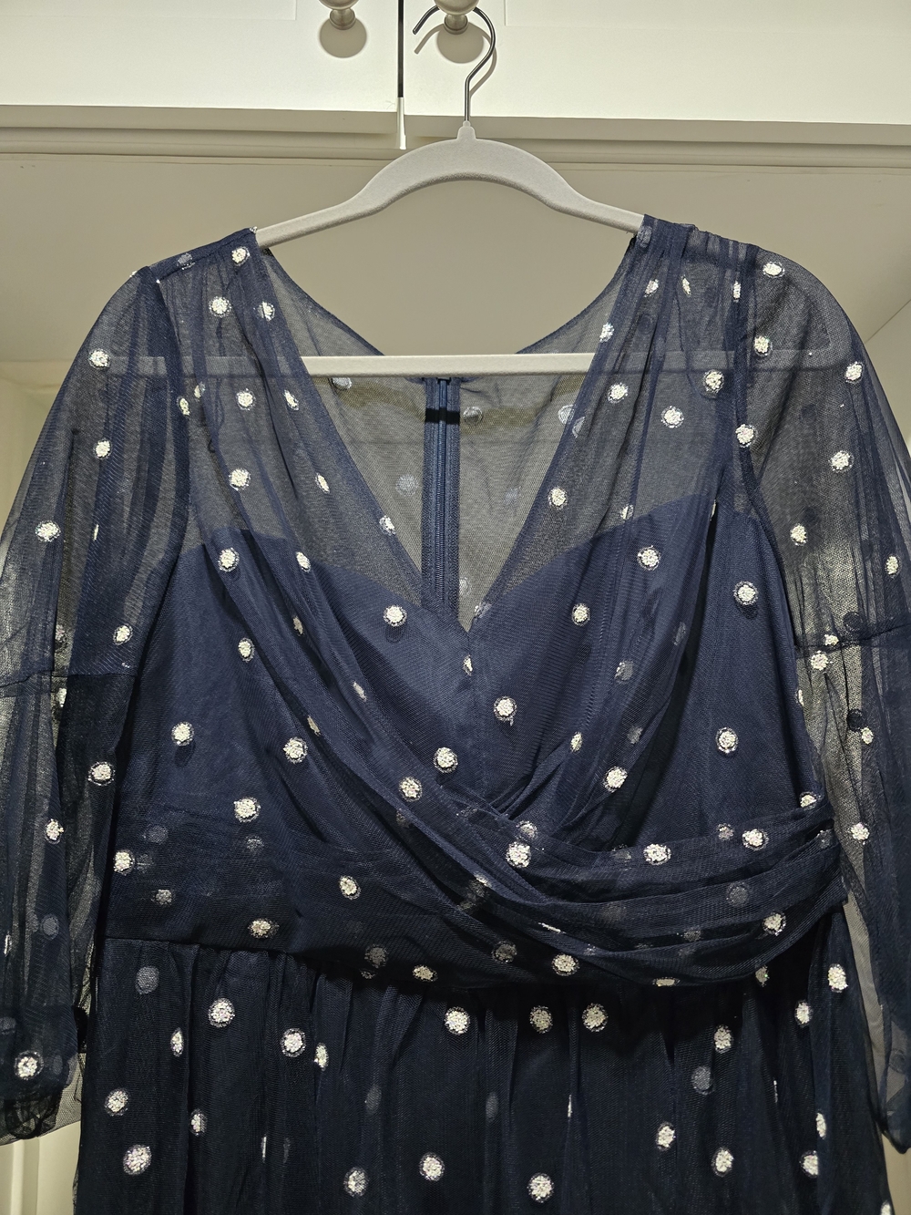 Navy With White/Glitter Polka Dots Mesh Midi Dress - Elegant Women's Party Dress - Picture 12 of 13